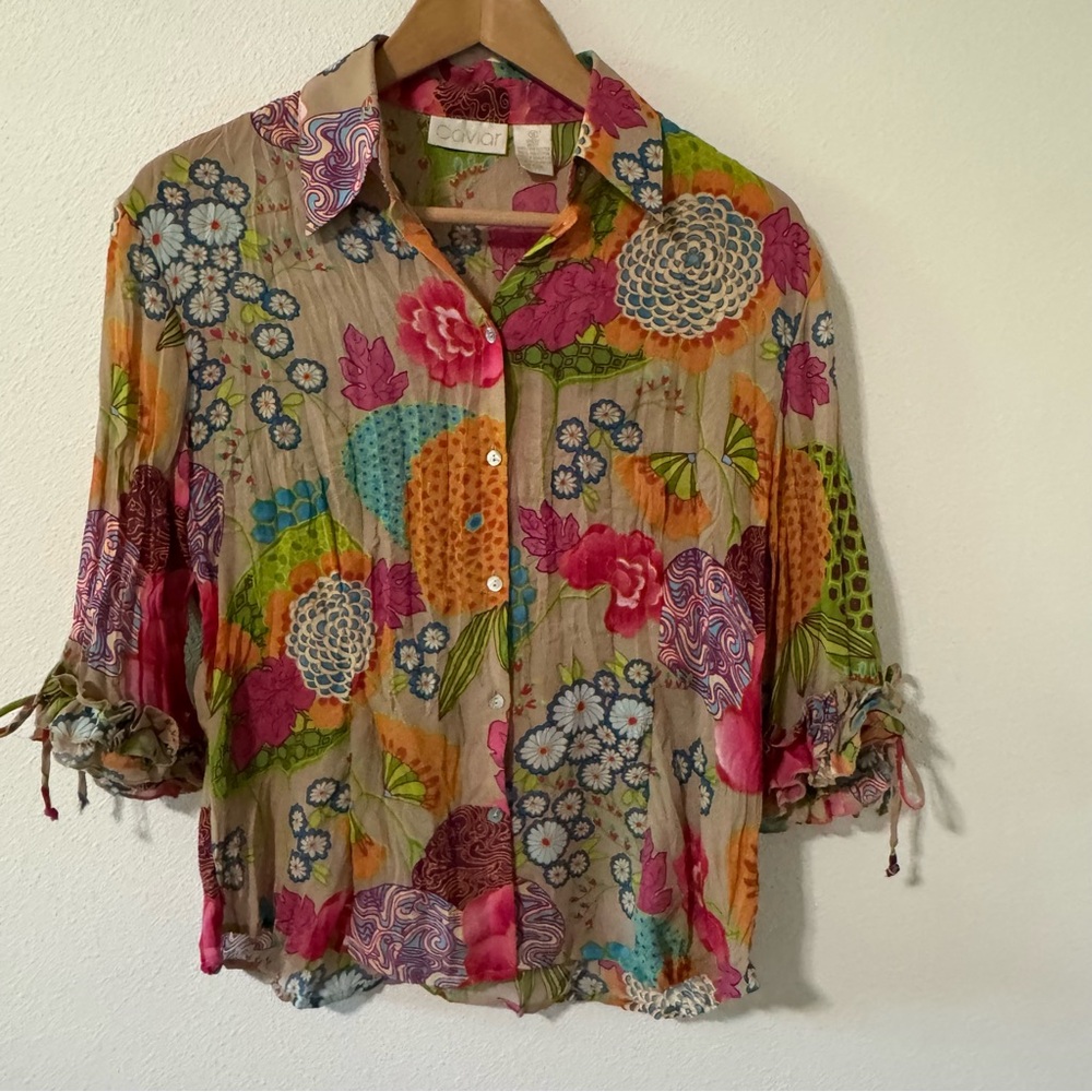 Vintage Caviar Retro Floral Ruffle 3/4 Sleeves Crinkle Blouse Tan Multicolor-S